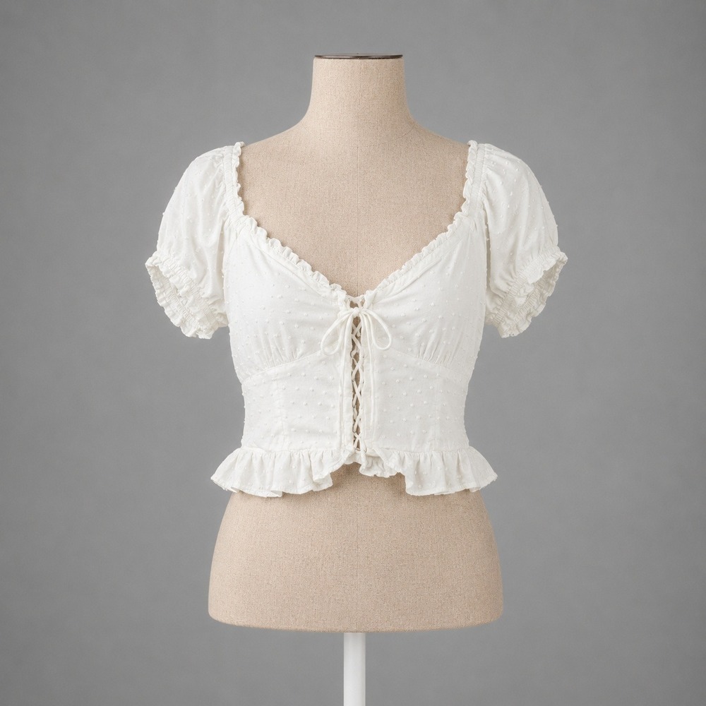 Milkmaid Swiss Dot 100% Cotton Crop Top Size L White Lace Up Peasant Coquette